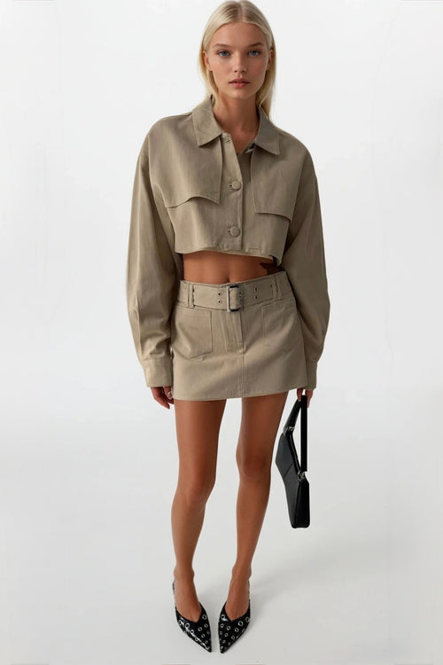 Button Detay Beige Crop Jacket