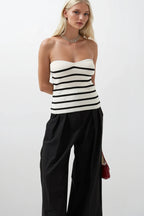 Striped Strapless Textured White Black Blouse