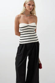 Striped Strapless Textured White Black Blouse
