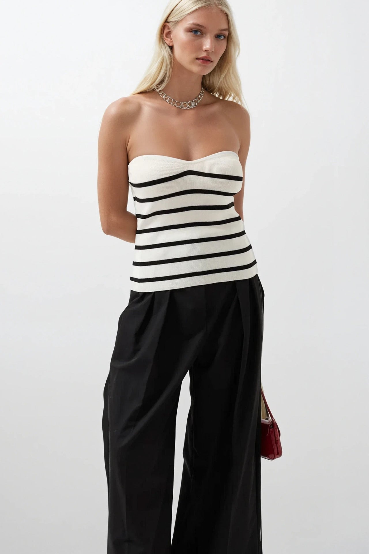 Striped Strapless Textured White Black Blouse