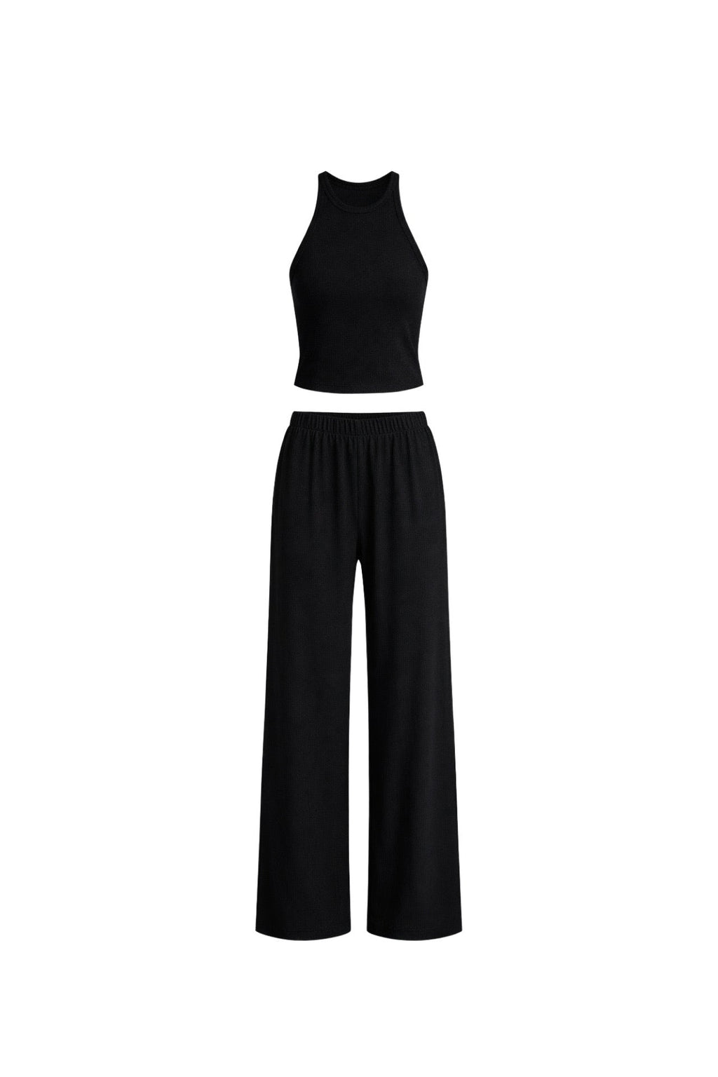 Halter Neck Sleeveless Blouse High Waist Textured Pants Two-piece Black Set