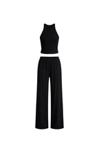 Halter Neck Sleeveless Blouse High Waist Textured Pants Two-piece Black Set