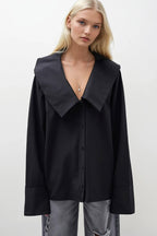 Wide Collar Ruffle Sleeve Black Shirt