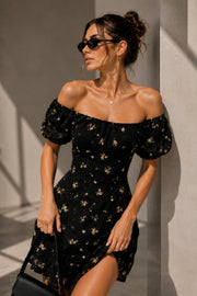 Black Mini Dress with Dropped Shoulder Pattern