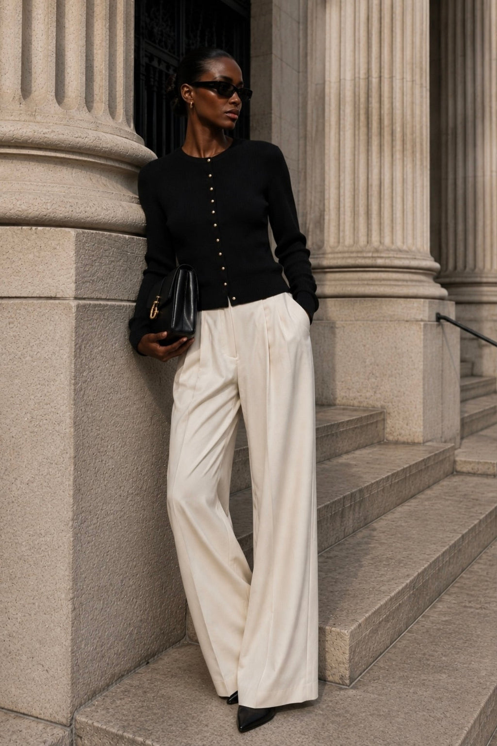 Crew Neck Button Detail Black Knit Blouse