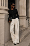 Crew Neck Button Detail Black Knit Blouse