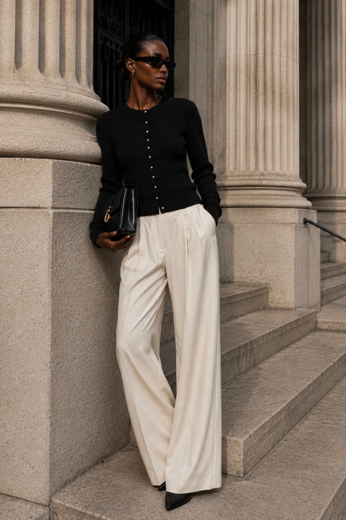 Crew Neck Button Detail Black Knit Blouse