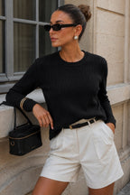 Knit Pattern Long Sleeve Basic Black Textured Blouse