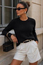 Knit Pattern Long Sleeve Basic Black Textured Blouse