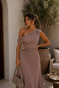 Accessory Detail Off-Shoulder Maxi Mink Dress