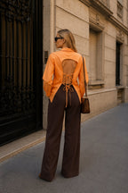 Back Cutout Lace-Up Orange Shirt