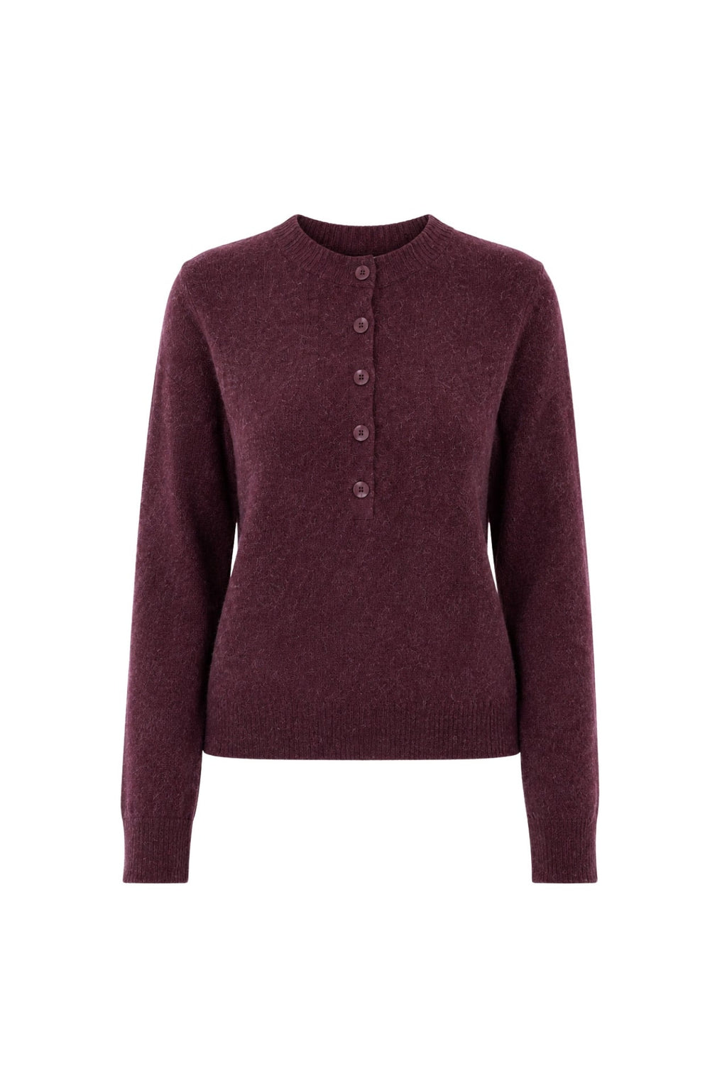 Crew Neck Button Detail Textured Burgundy Blouse