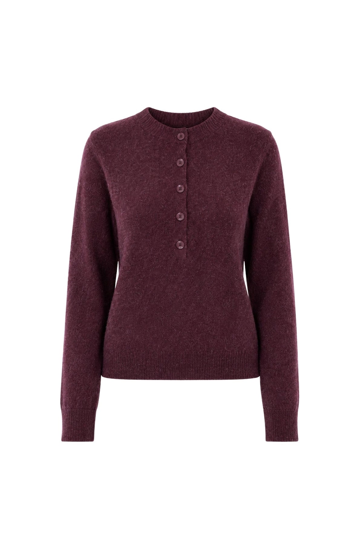 Crew Neck Button Detail Textured Burgundy Blouse