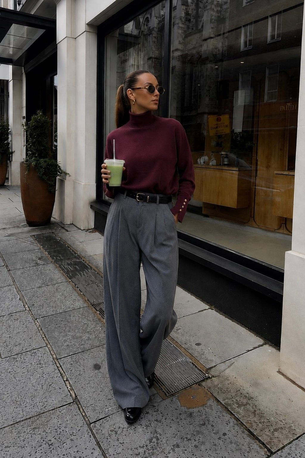 Turtleneck Button Detail Burgundy Knit Blouse