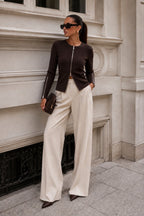 Double Fermuar Long Sleeve Brown Textured Blouse