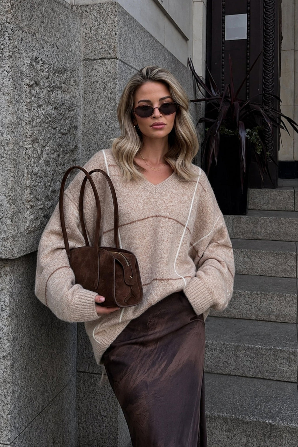 Plaid Pattern Crew Neck Textured Beige Knit Kazak