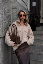 Plaid Pattern Crew Neck Textured Beige Knit Kazak