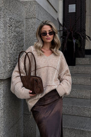 Plaid Pattern Crew Neck Textured Beige Knit Kazak