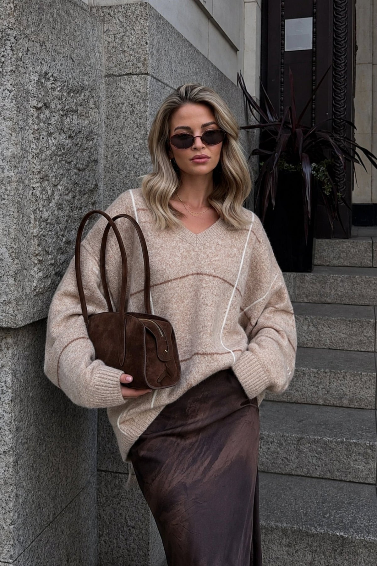 Plaid Pattern Crew Neck Textured Beige Knit Kazak