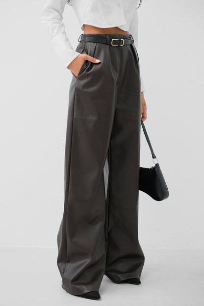 Pleated Wide Leg Black Leather Trousers