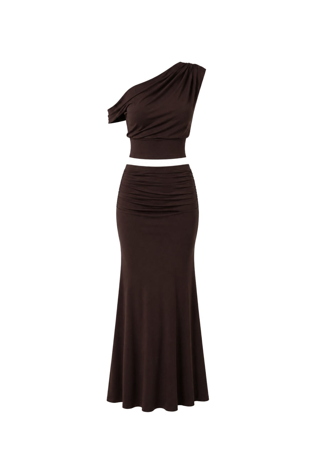 One-Shoulder Fitted Waist Blouse Ruched Detail Maxi Skirt Two-Piece Brown Set