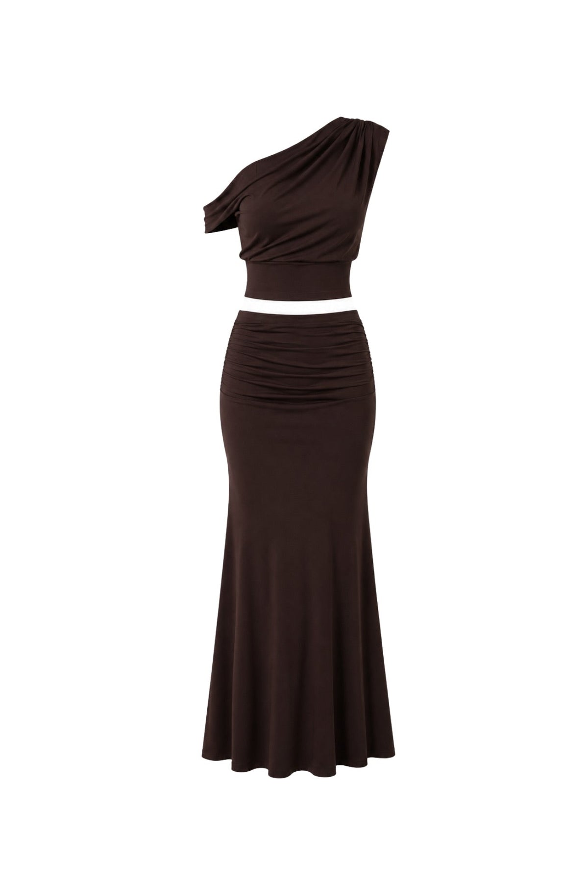 One-Shoulder Fitted Waist Blouse Ruched Detail Maxi Skirt Two-Piece Brown Set