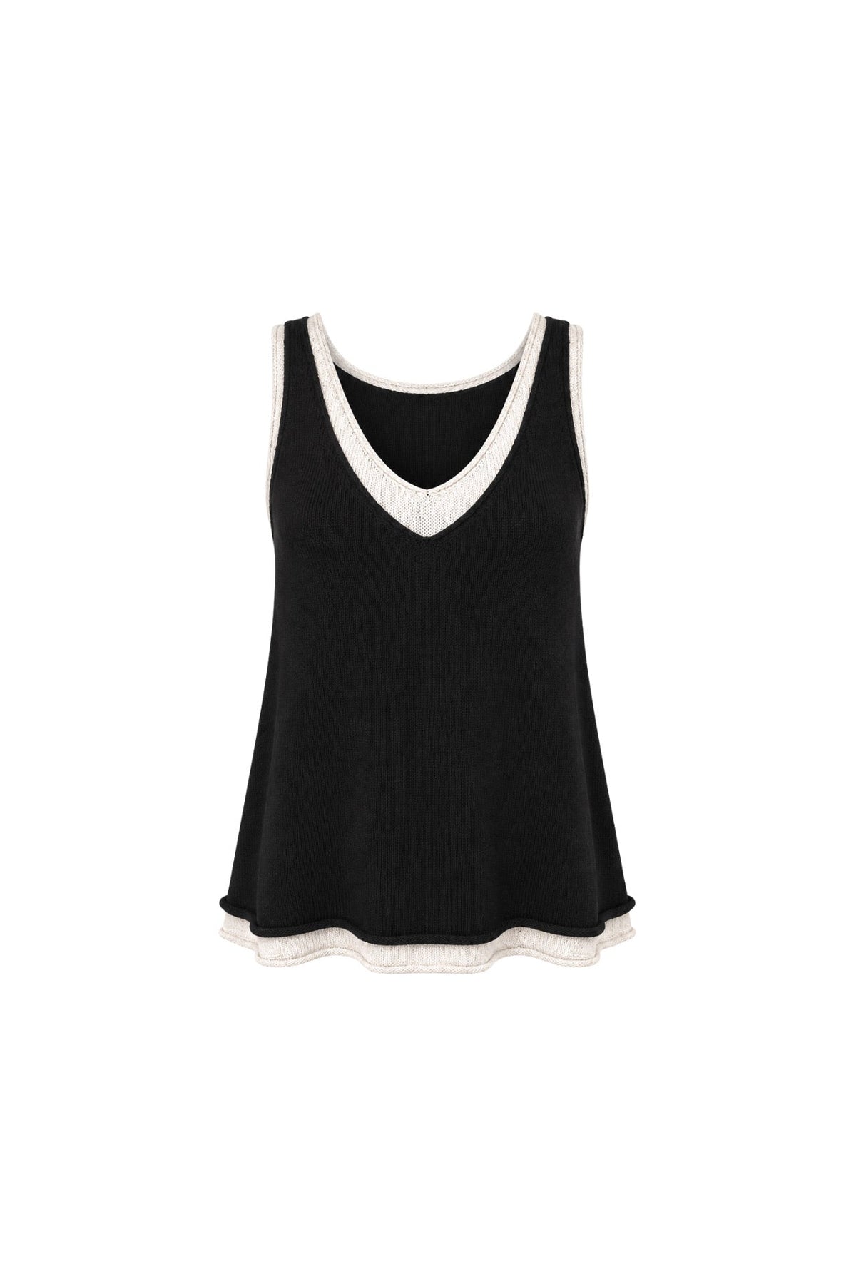 V-Neck Double Collar Black Knit Blouse