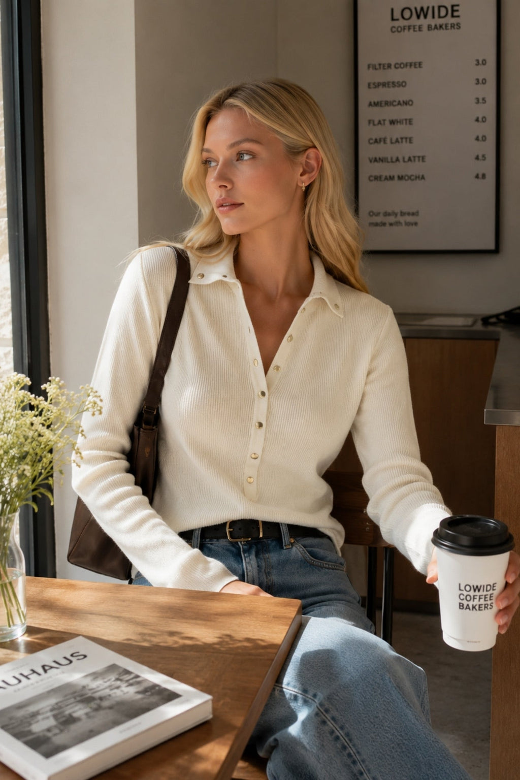 Polo Neck Snap-On Ecru Knitwear Blouse