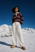 Striped Buttoned Polo Neck Burgundy Knit Blouse