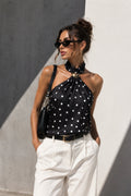 Neck Tie Accessory Detail Black Polka Dot Blouse