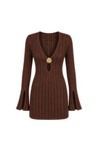 Accessory Detailed Ruffled Sleeve Brown Knit Dress