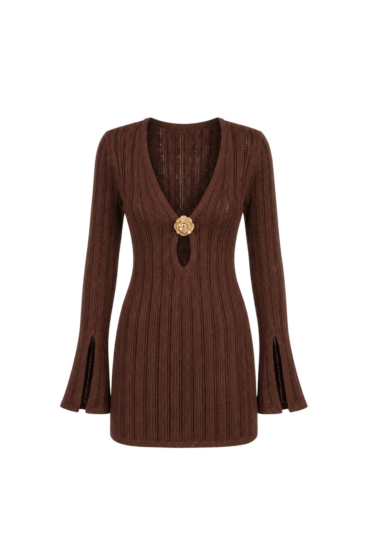 Accessory Detailed Ruffled Sleeve Brown Knit Dress