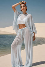 Wide Collar Crop Sheer Blouse High Waist Pants Blue Two-Piece Set