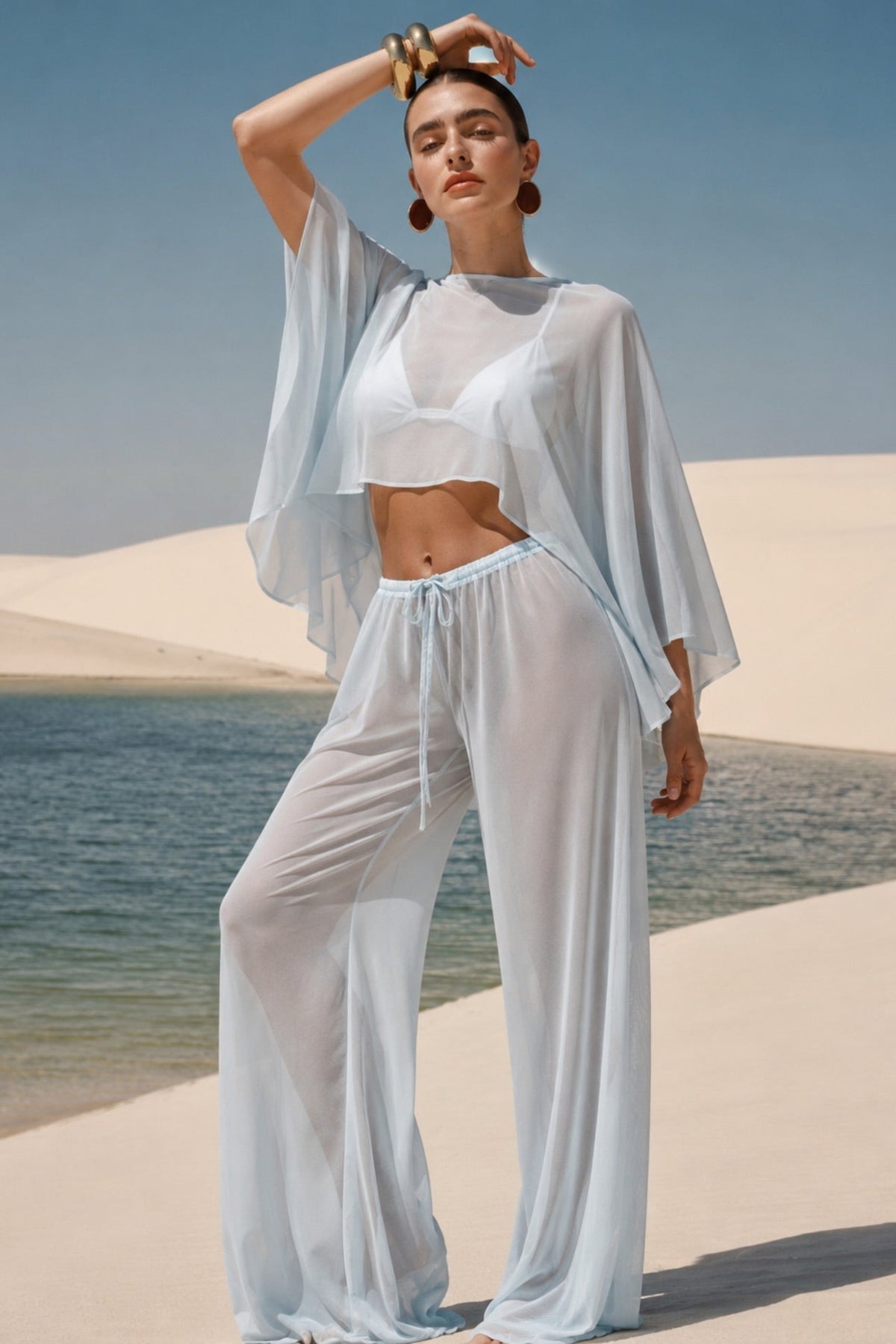 Wide Collar Crop Sheer Blouse High Waist Pants Blue Two-Piece Set