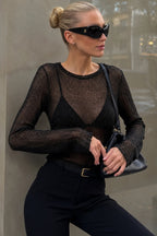 Foil Long Sleeve Black Transparan Blouse