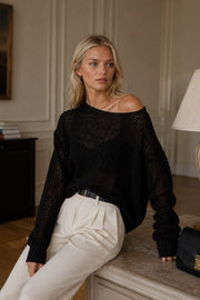 Openwork Wide Collar Black Knit Blouse