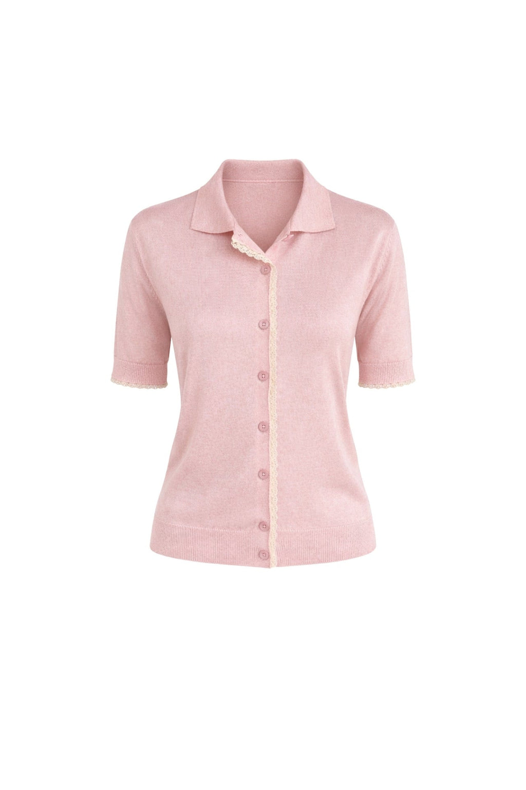 Polo Collar Lace Detail Buttoned Pink Knit Blouse