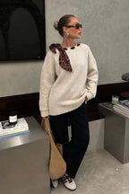 Neck Fular Detail Boat-Neck Beige Knit Kazak