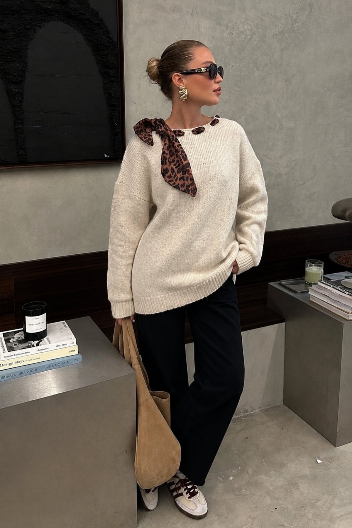 Neck Fular Detail Boat-Neck Beige Knit Kazak