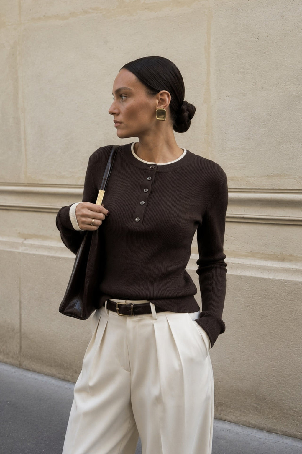 Button Detail Double-Collar Textured Brown Blouse