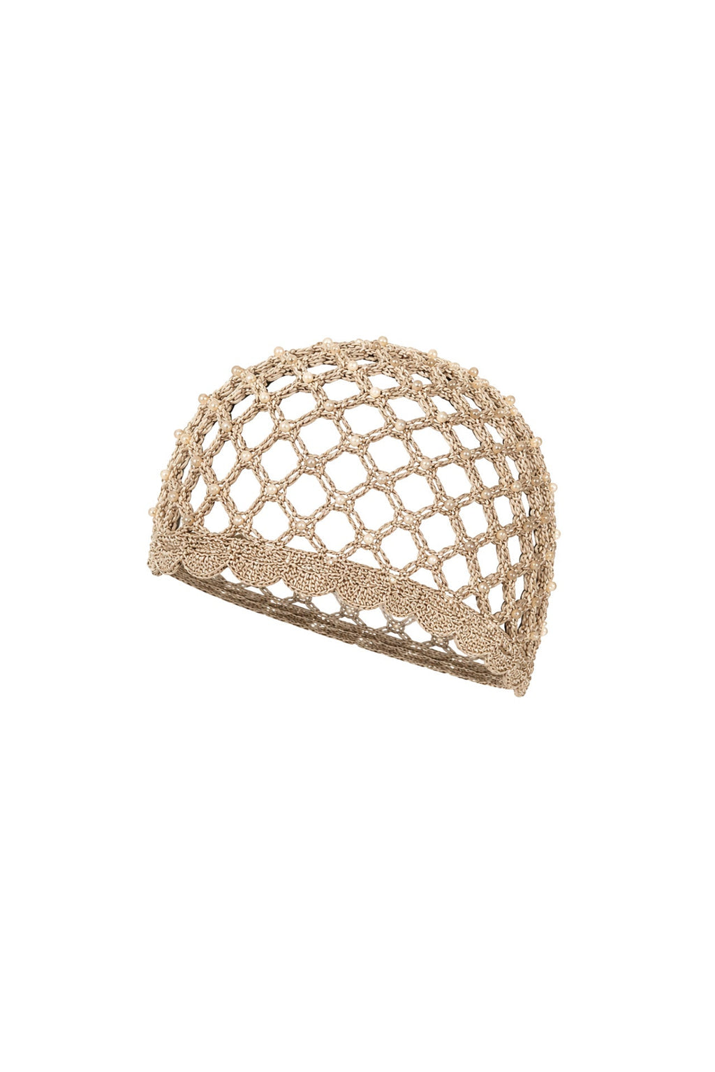 Beige Knitted Cap with Pearl Detail