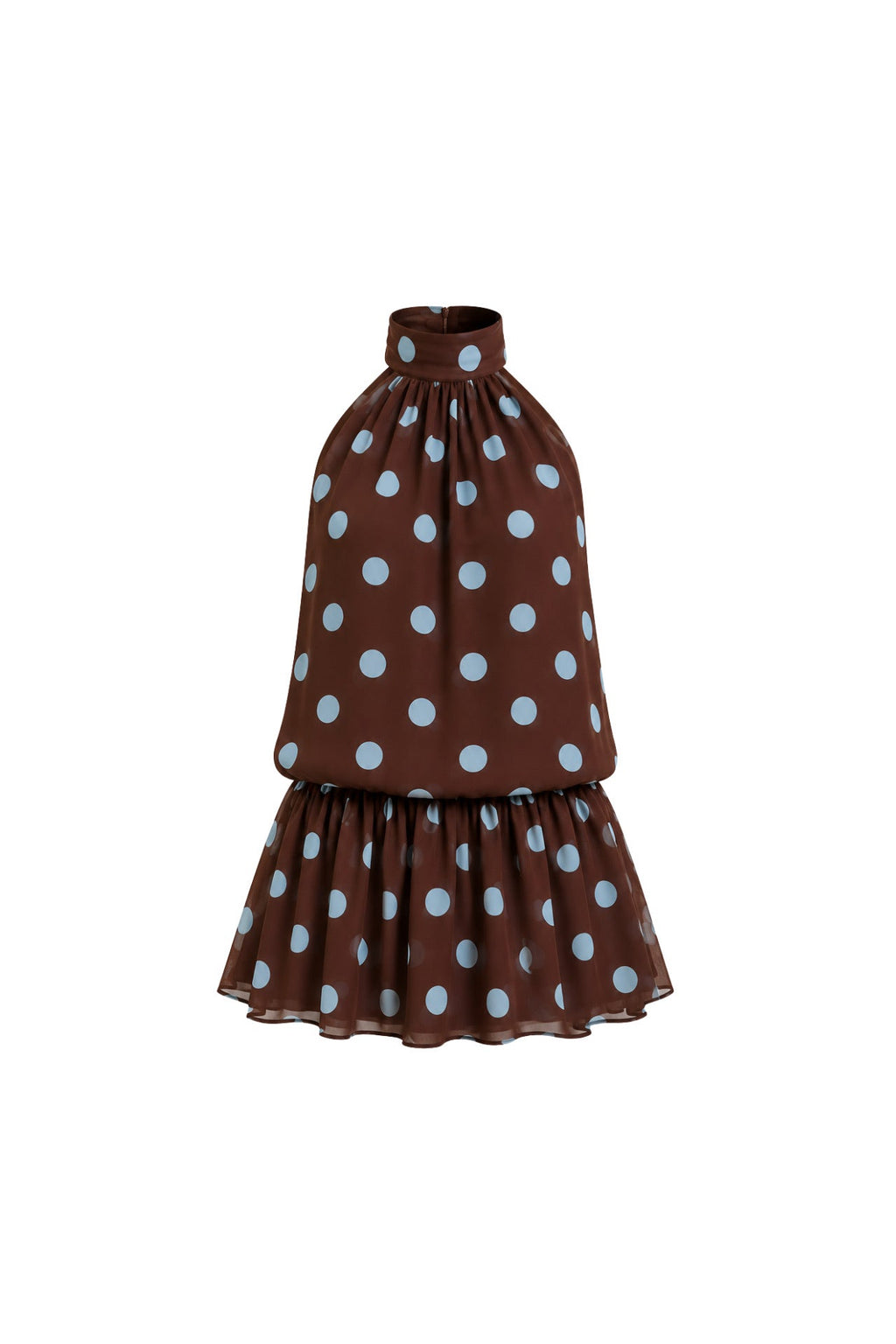 Polka Dot Balloon Sleeve Halter Mini Brown Dress