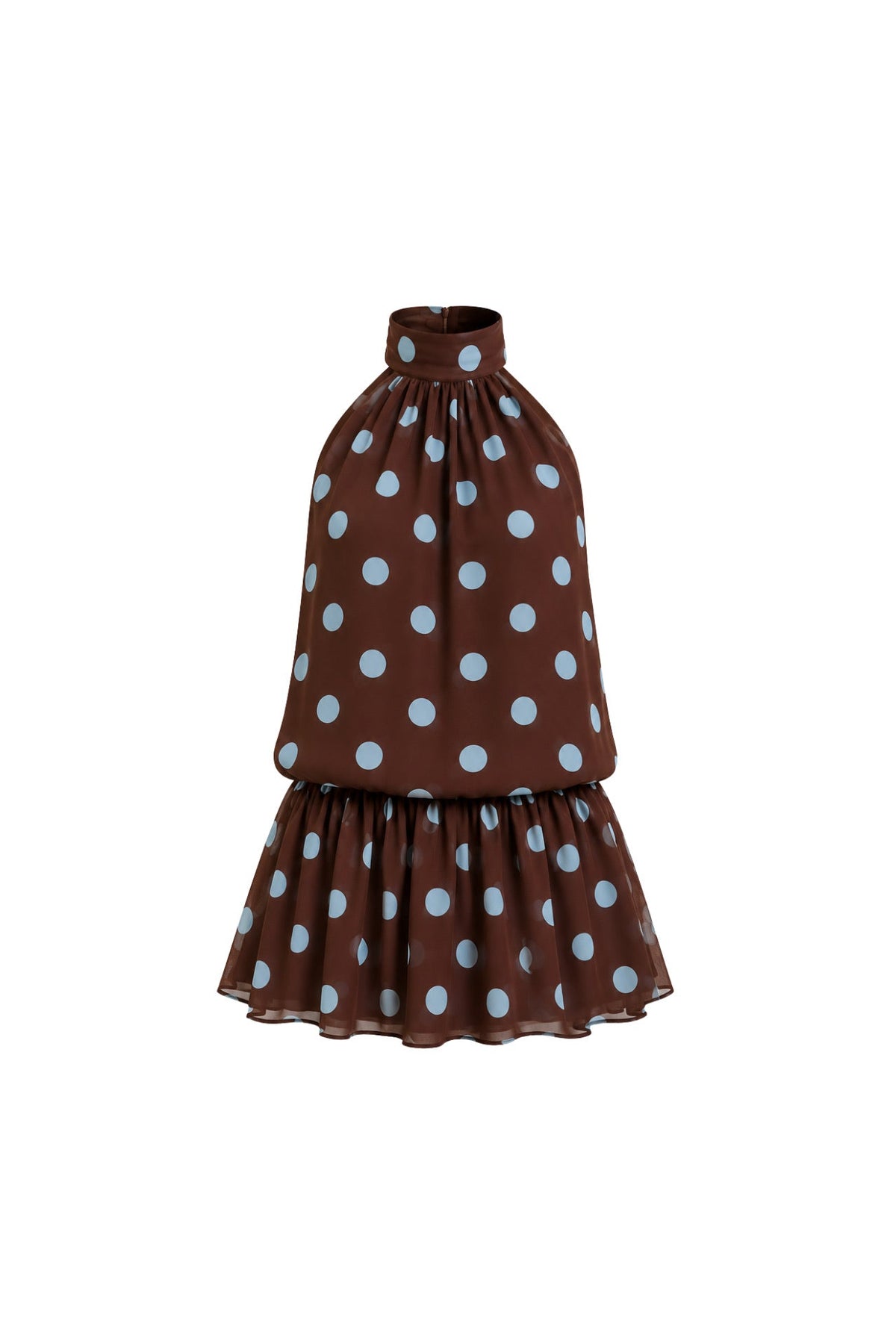 Polka Dot Balloon Sleeve Halter Mini Brown Dress