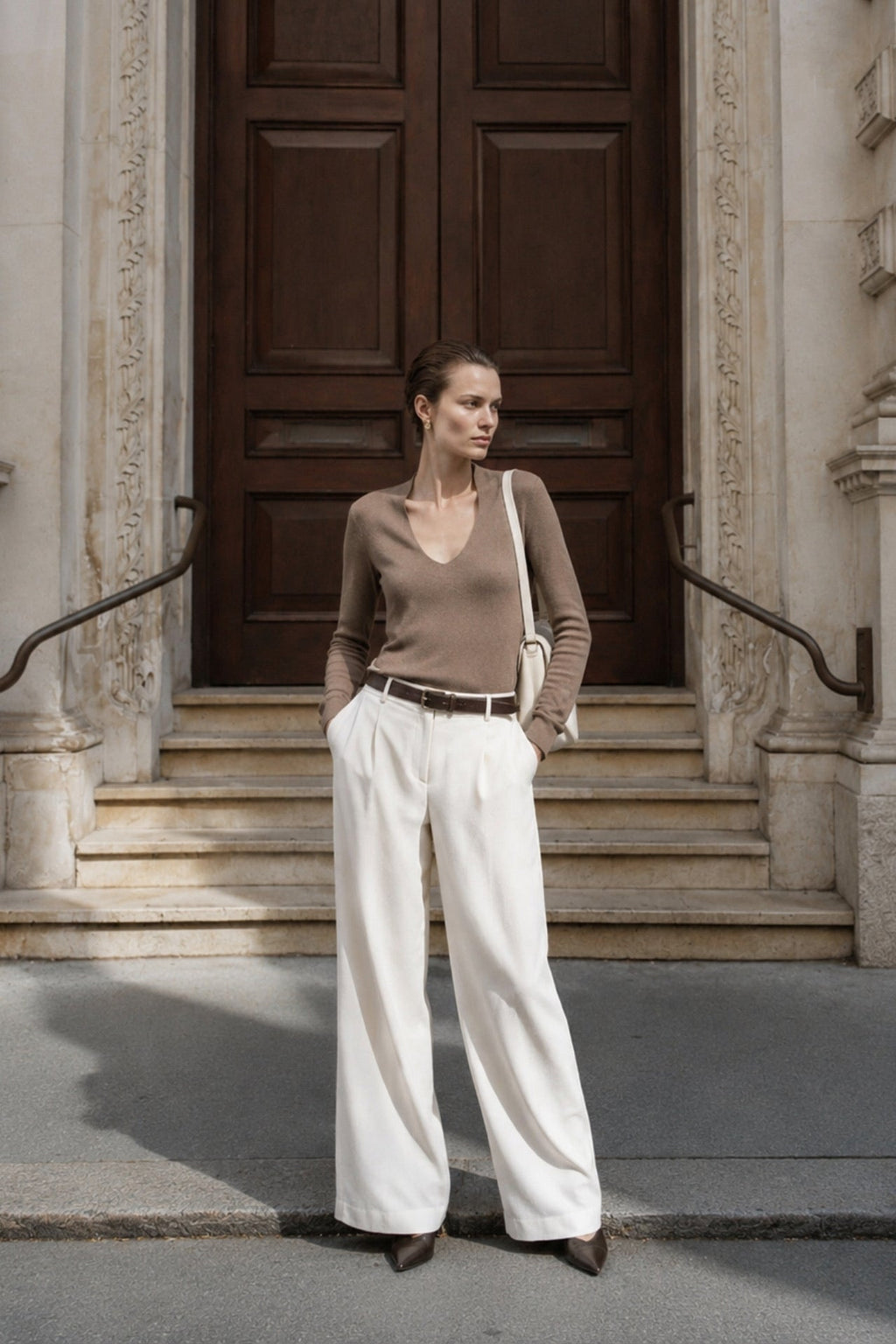 V-Neck Long Sleeve Textured Beige Blouse