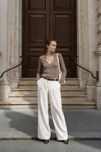 V-Neck Long Sleeve Textured Beige Blouse