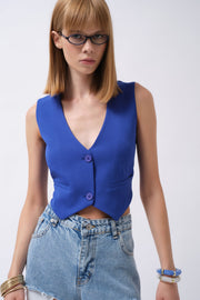 Buttoned Saxe Blue Crop Vest