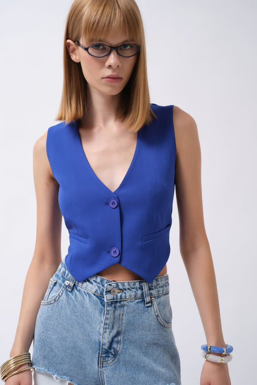 Buttoned Saxe Blue Crop Vest