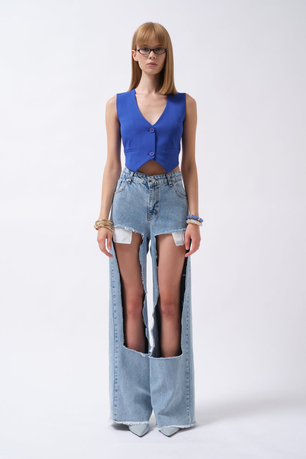 Buttoned Saxe Blue Crop Vest
