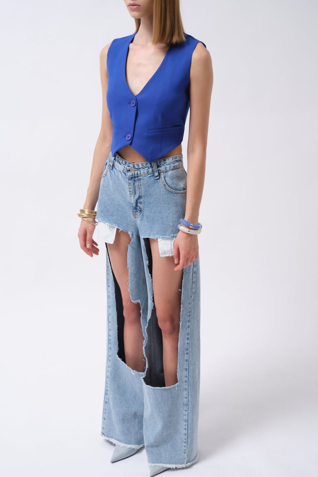 Buttoned Saxe Blue Crop Vest