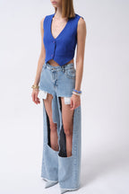 Buttoned Saxe Blue Crop Vest